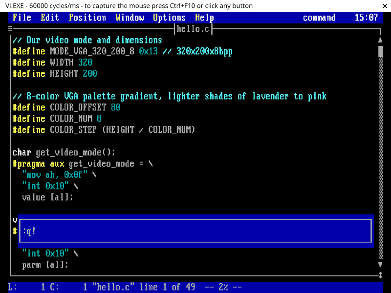 Watcom's vi.exe with our source loaded in.